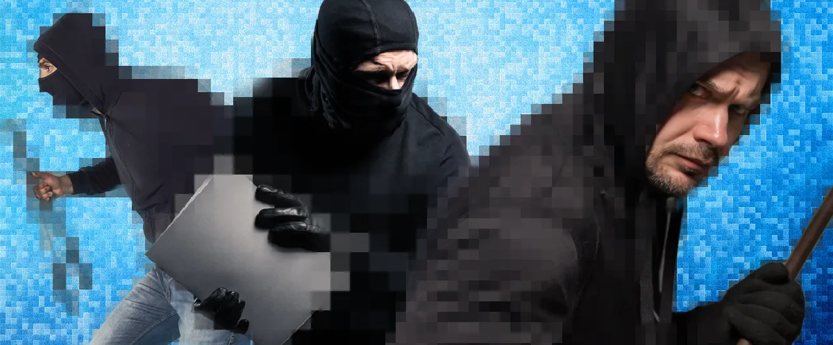 A group of criminals enshrouded in pixelation.